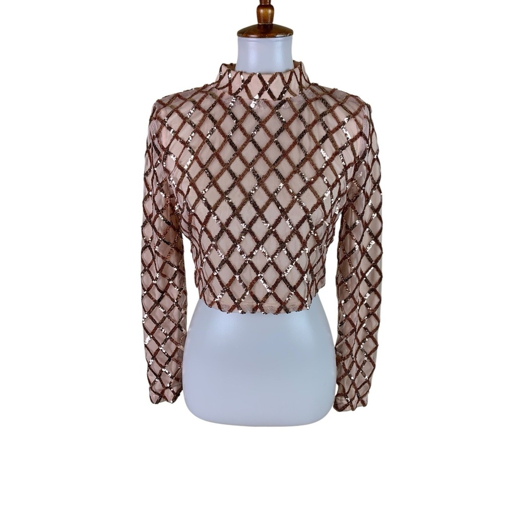 XTaren Rose Gold Sequin Mesh‎ Crop Top Party Festival Glam Long Sleeve M